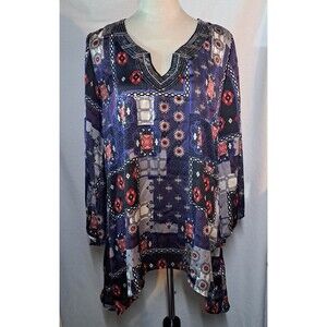 Valerie Stevens Artsy Patchwork Blouse Sz L Embellished Open Neck Asymmetrical